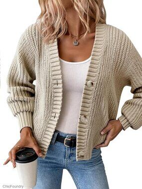 Chunky Waffle Knit Cardigan Oversized V-Neck Sweater for Layering